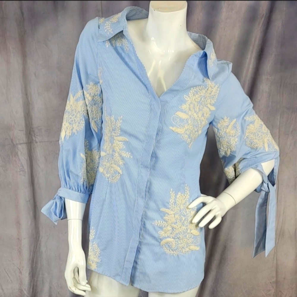 Stunning Alice + olivia blue and white striped embroidered button-down shirt